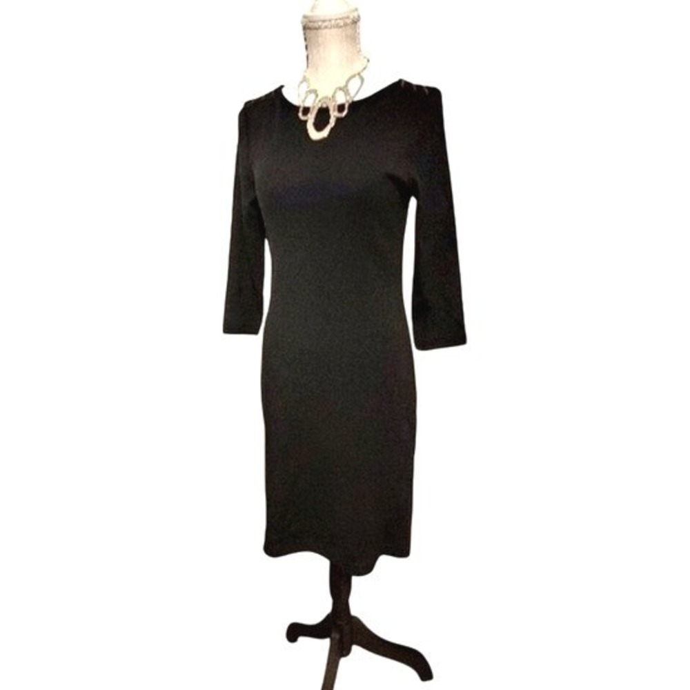 Ralph Lauren Ribbed Sheath Dress Womens M Black Lace Up Shoulder 3/4 Sleeve